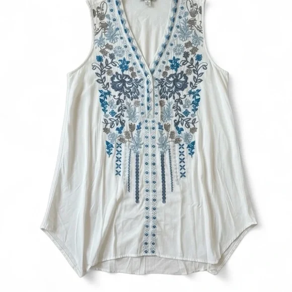 Andree by Unit Boho Embroidered Sleeveless Blouse Ivory Blue Size Small - Picture 5 of 5